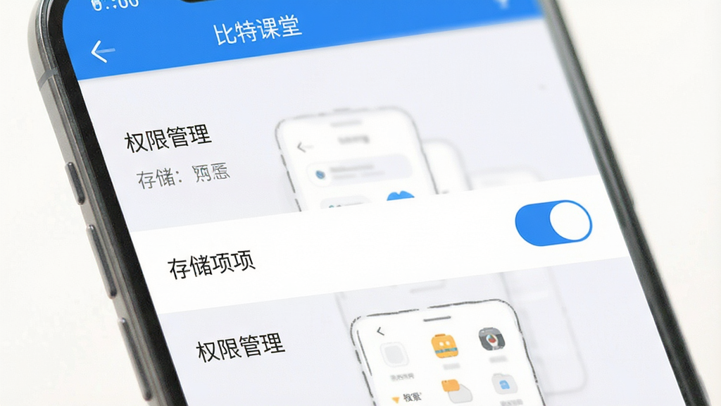比特课堂 手机设置界面 权限管理 存储选项 蓝色开关按钮 简洁列表 扁平化设计 干净画质
