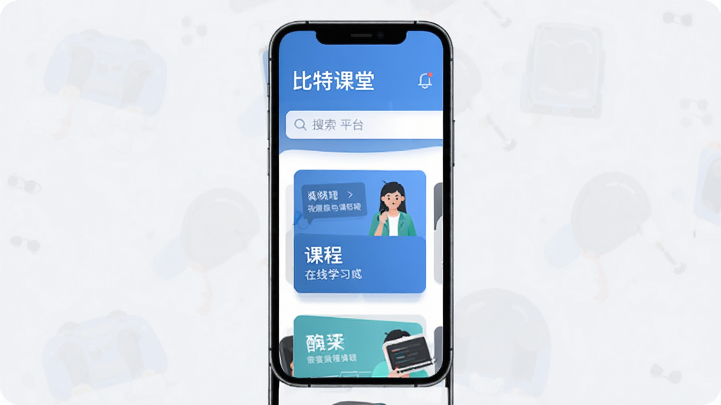 比特课堂 在线学习平台 主界面 手机屏幕 课程卡片 搜索栏 蓝色主题 扁平化设计 简洁干净 高清画质 无多余元素