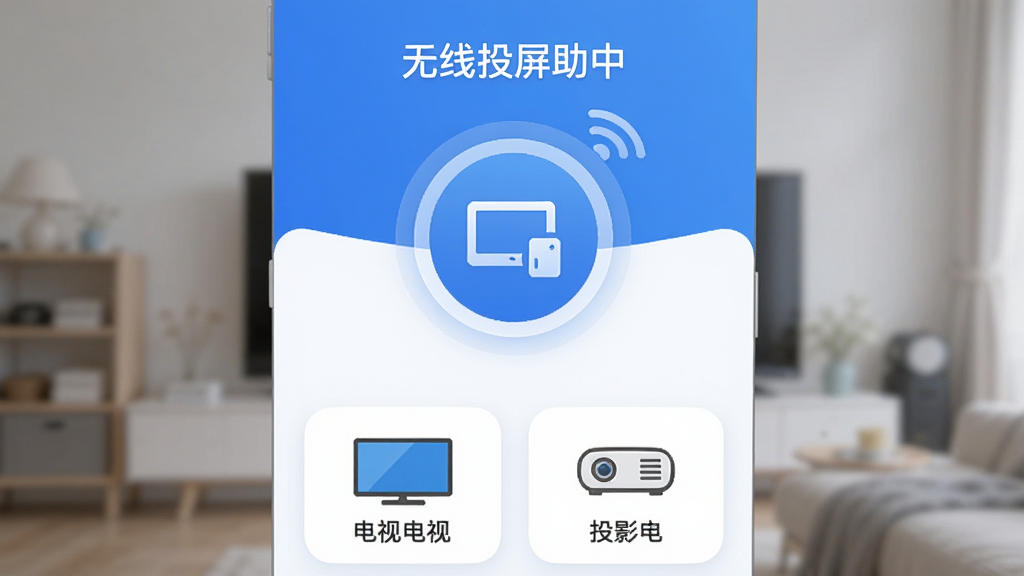 ����Ͷ������APP������չʾ������������һ�������豸��Բ�ζ���ͼ�꣬�·��г����������ӵĵ��Ӻ�ͶӰ���豸���ƣ�������������ɫΪ��������������Ͷ������������������������������ִ���Լ��ƽ��ϸ��Բ�󣬻��ʸɾ����޶���Ԫ��