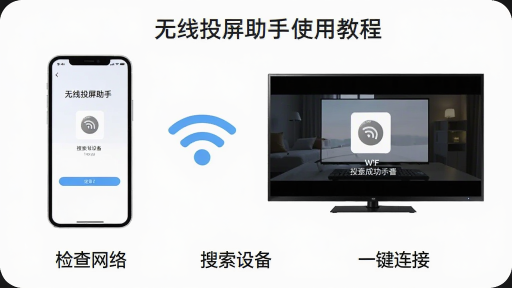 ����Ͷ������ʹ�ý̳�ʾ��ͼ������չʾ�ֻ��͵�����ͬһWiFi�����ӵĲ������̣�����ֻ���ʾ����Ͷ�����������豸���棬�м���WiFiͼ�����ӣ��Ҳ������ʾͶ���ɹ����棬�ײ������ֱ�ע������硢�����豸��һ�������������裬���ֺ�������ʽ��������ƽ����ϸ�����������ʸɾ��޶���Ԫ��