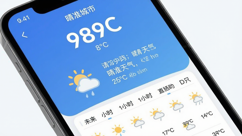 一张手机应用界面展示图,主体为晴准天气APP的主页,布局顶部是当前城市和温度大字,中间是天气图标和天气状况描述,下方是未来几小时和几天的天气趋势简表,排版简洁,风格现代扁平化,细节圆润,画质干净清晰,无多余元素,画面中包含文字“晴准天气”