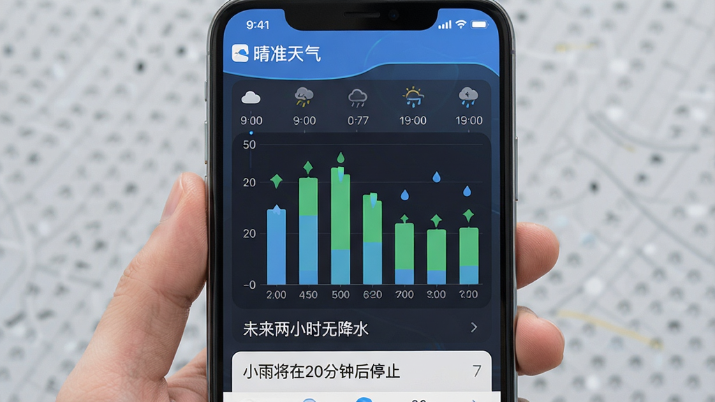 一张手机天气软件界面截图,主体为分钟级降水预报功能展示,布局顶部是“晴准天气”应用名称,中间是一条时间轴和对应降水柱状图,下方有文字说明“未来两小时无降水”或“小雨将在20分钟后停止”,风格现代科技感,细节清晰,画质干净,无多余元素