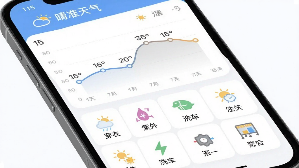 一张手机应用内页展示图,主体为晴准天气的15天天气趋势和生活指数界面,布局上半部分是折线图展示温度变化,下半部分是网格状排列的穿衣、紫外线、洗车等图标,风格清爽简洁,细节圆润,画质干净,无多余元素