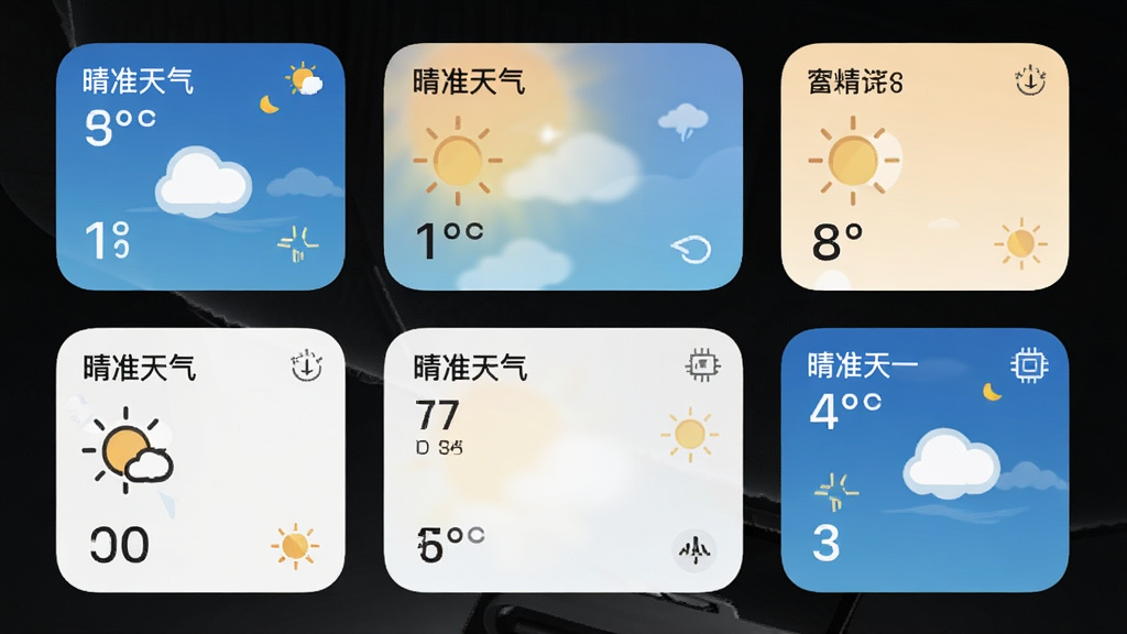 一张手机桌面截图,主体为晴准天气的桌面小组件展示,布局是手机主屏幕上有不同大小的天气组件,显示温度、天气图标和“晴准天气”字样,风格现代扁平,细节清晰,画质干净,无多余元素