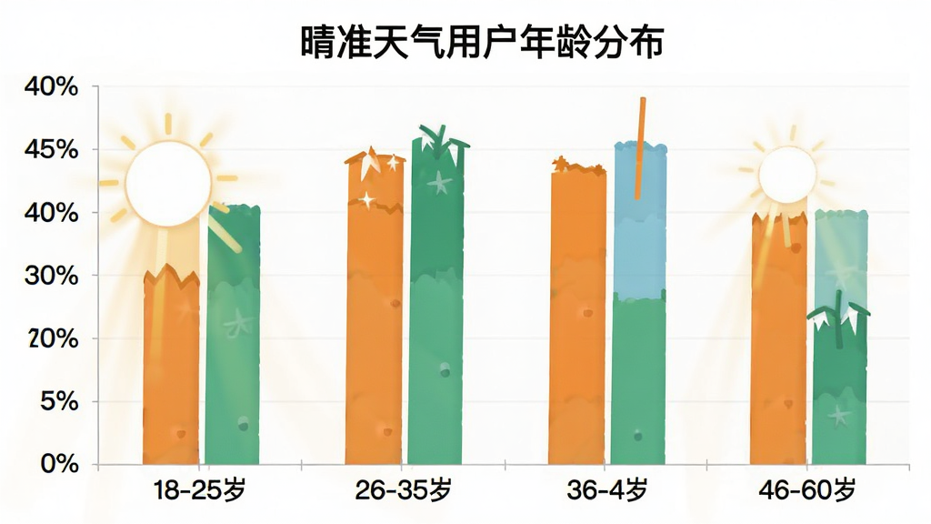 一张柱状图统计图,主体为晴准天气用户年龄分布,布局横轴为18-25岁、26-35岁、36-45岁、46-60岁四个年龄段,纵轴为人数占比百分比,风格简洁数据可视化,细节清晰,画质干净,画面中包含文字“晴准天气用户年龄分布”