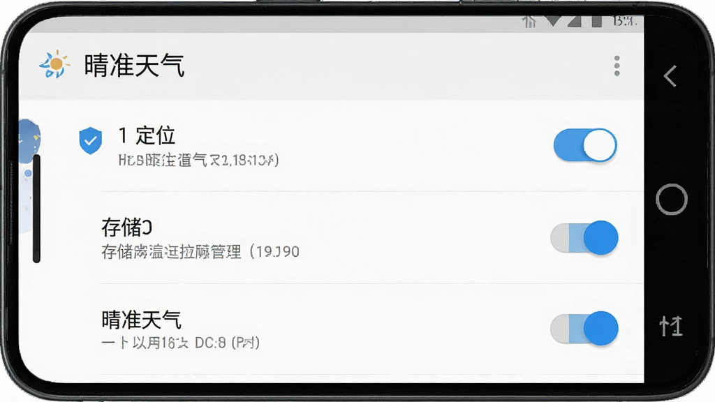 一张手机应用权限设置界面截图,主体为晴准天气的权限管理页面,布局显示定位、存储等权限开关,风格安卓原生设置界面,细节清晰,画质干净,画面中包含文字“晴准天气”