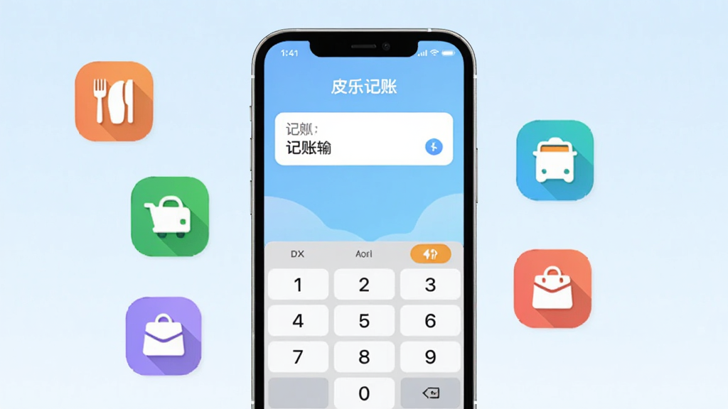 皮乐记账 软件主界面展示,手机屏幕中央显示记账输入框和数字键盘,背景是浅蓝色渐变,周围漂浮着餐饮、交通、购物等彩色分类图标,画面风格简洁扁平,细节圆润,画质干净清晰,无多余元素
