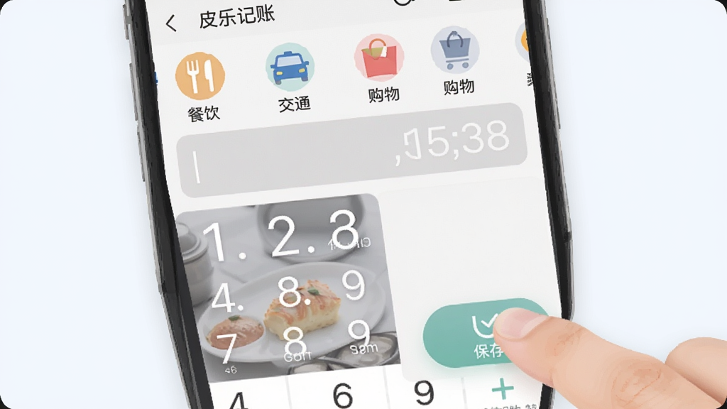 皮乐记账 快速记账界面,手机屏幕显示大号数字键盘和金额输入框,上方有“餐饮”“交通”“购物”等分类图标横向排列,手指正在点击“保存”按钮,背景干净浅色,风格现代扁平,画质清晰无多余元素