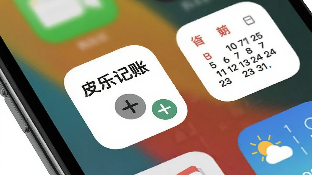 皮乐记账 桌面小组件使用场景,手机主屏幕显示一个方形小组件,上面有“皮乐记账”字样和加号图标,旁边有日历和天气小组件,风格简洁统一,画质清晰,无多余元素