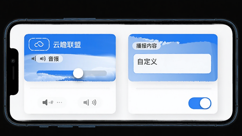 云瞻联盟 语音播报设置界面 手机屏幕 显示音量调节滑块 播报内容自定义输入框 开关按钮 蓝色高亮 白色背景 卡片式布局 简洁干净 画质清晰 无多余元素