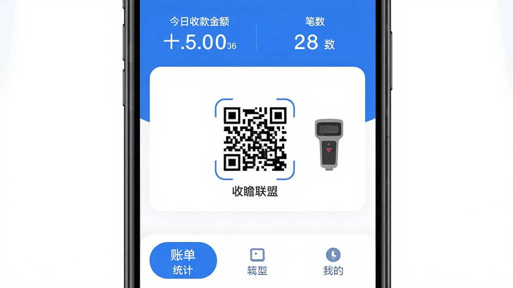 云瞻联盟 手机收款界面 主界面 简洁 蓝白配色 顶部显示今日收款金额和笔数 中间是收款二维码和扫码枪图标 底部为账单 统计 我的三个选项卡 扁平化设计 圆角细节 画质干净 无多余元素
