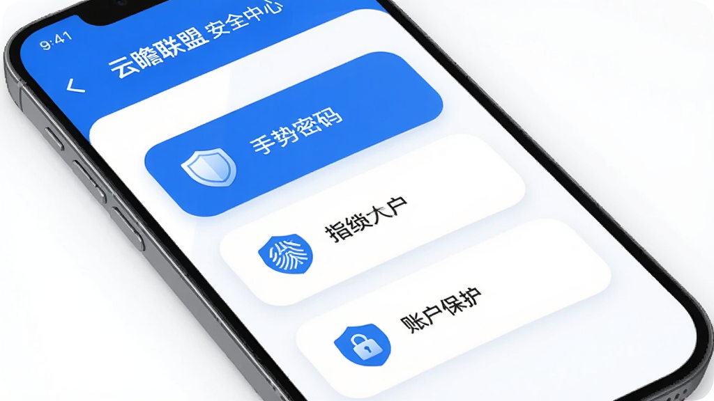 云瞻联盟 安全中心页面 手机界面 显示手势密码 指纹解锁 账户保护 三个选项 盾牌图标 蓝色主题 白色背景 卡片式布局 圆润边角 画质干净 无多余元素