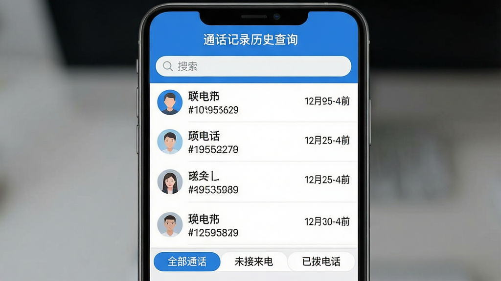 一张手机屏幕截图风格的图片,画面中央展示“通话记录历史查询”应用的主界面,界面以蓝白配色为主,顶部有搜索栏,中间是整齐排列的通话记录列表,每一条记录清晰显示联系人姓名、电话号码、通话时长和日期时间,底部有“全部通话”“未接来电”“已拨电话”三个选项卡,整体布局简洁直观,风格现代扁平化,图标圆润,画质干净清晰,无多余元素。