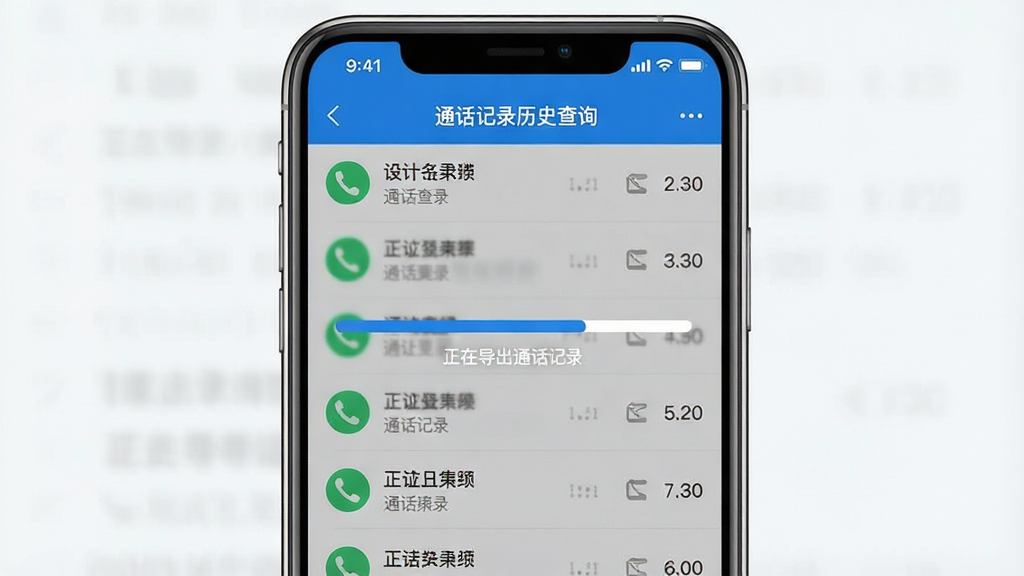 一张手机应用界面展示图,画面中“通话记录历史查询”应用正在执行导出操作,屏幕上显示一个进度条和“正在导出通话记录”的文字提示,背景是排列整齐的通话记录列表,整体色调以蓝色和白色为主,风格简洁现代,画质清晰,无多余装饰元素。