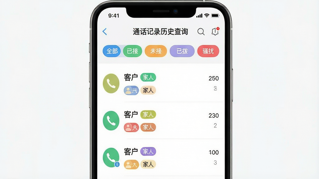 一张手机屏幕截图,展示“通话记录历史查询”应用中的智能分类界面,屏幕上方有“全部”“已接”“未接”“已拨”“骚扰”五个彩色标签按钮,下方是带有彩色标签标记的通话记录条目,每条记录旁边有“客户”“家人”等文字标签,界面布局清晰,色彩柔和,风格现代简约,画质干净无多余元素。