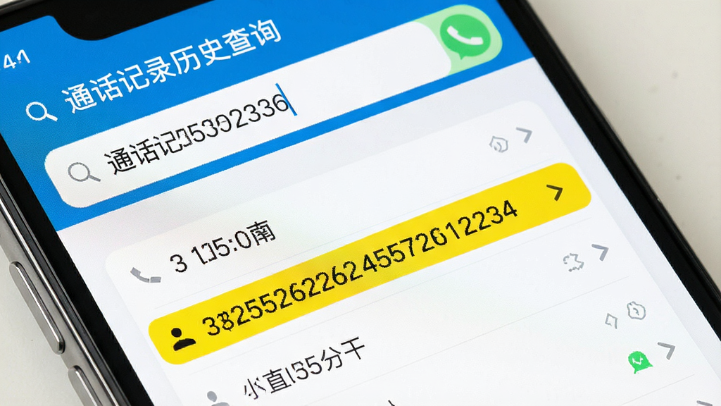 一张手机应用搜索界面的图片,画面中“通话记录历史查询”应用的搜索框内输入了部分号码,下方搜索结果列表中匹配的数字被高亮显示为黄色,背景是白色的通话记录卡片,整体风格干净利落,画质清晰,无多余元素。