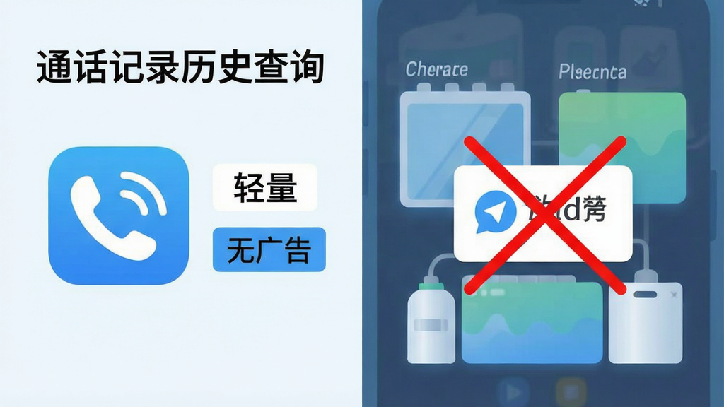 一张手机性能对比示意图,左侧展示“通话记录历史查询”应用图标旁标注“轻量”和“无广告”标签,右侧展示一个被划掉的广告弹窗图标,背景是手机内存和存储空间的抽象图形,整体风格简洁明快,色调以浅蓝和白色为主,画质清晰,无多余元素。