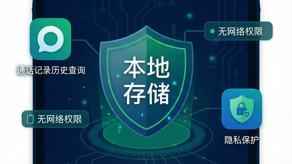 一张手机安全设置界面的示意图,画面中央是一个盾牌图标,盾牌上写着“本地存储”四个字,周围环绕着“通话记录历史查询”应用图标和“无网络权限”“隐私保护”等文字标签,整体风格科技感十足,色调以深蓝和绿色为主,画质干净,无多余元素。