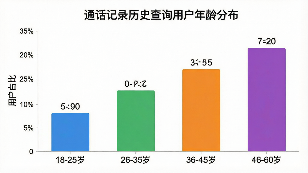 一张柱状图,标题为“通话记录历史查询用户年龄分布”,横轴标注“18-25岁”“26-35岁”“36-45岁”“46-60岁”,纵轴标注“用户占比”,四个柱子分别显示不同高度,颜色分别为蓝色、绿色、橙色和紫色,图表风格简洁现代,数据标签清晰可见,画质干净,无多余元素。