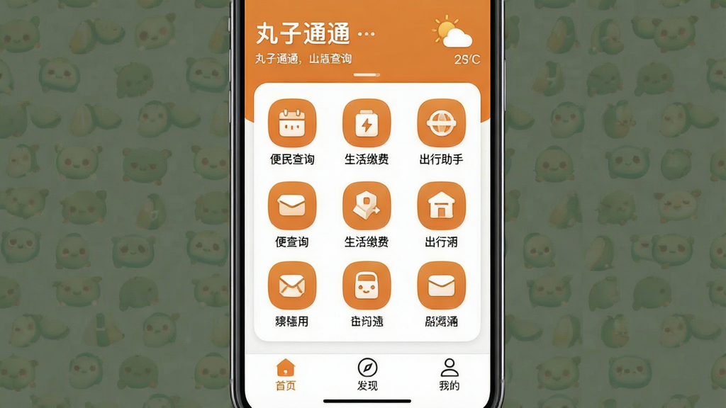 һ���ֻ���Ļչʾ������ͨͨ��Ӧ�������棬������ů��ɫ�Ͱ�ɫΪ��ɫ����������ʾ�ʺ����������Ϣ���м��ǾŹ�����ͼ�꣬���������ѯ������ɷѡ��������ֵȣ��ײ�����ҳ�����֡��ҵ�����ѡ������岼�ּ����ˬ������ִ���ƽ����ͼ��Բ��ɰ������ʸɾ��������޶���Ԫ��
