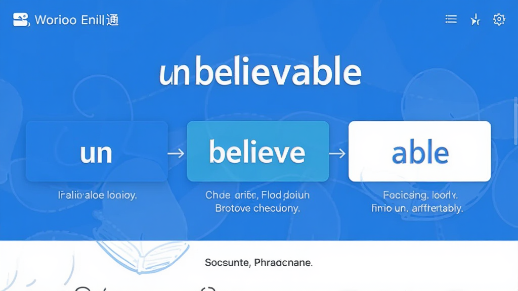 词根词缀英语通软件界面,展示“unbelievable”单词拆解为un、believe、able三部分,配有词根来源说明,界面以蓝色和白色为主,布局清晰,风格现代扁平,画质干净无多余元素