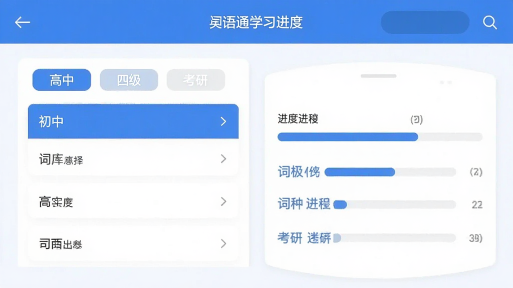 词根词缀英语通软件学习进度页面,展示词库选择列表和进度条,包含“初中”“高中”“四级”“考研”等标签,界面以蓝色和白色为主,布局清晰,风格现代扁平,画质干净无多余元素
