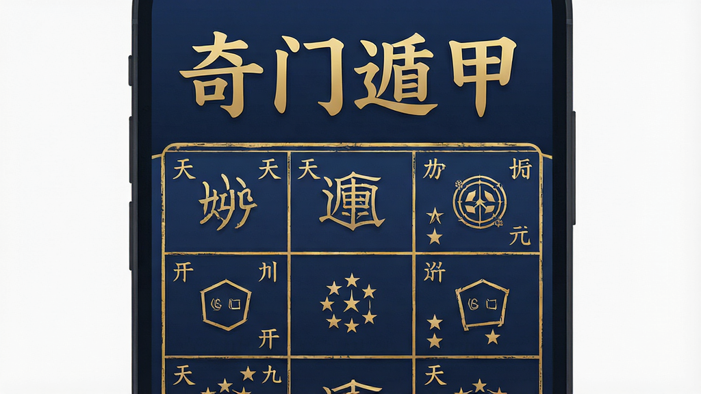 一张手机应用界面展示图,画面中央是“奇门遁甲”四个大字,下方是九宫格排盘布局,每个宫位内有天干地支和八门九星信息,界面以深蓝和金色为主色调,布局清晰,排版整齐,风格古典简约,细节精致,画质干净无多余元素