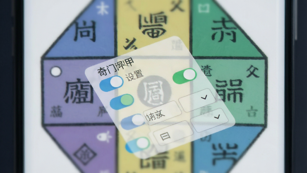 一张手机屏幕特写图,屏幕上显示“奇门遁甲”应用的自定义设置面板,有多个开关按钮和下拉选项,背景是模糊的九宫格排盘图案,风格现代简洁,画质清晰,干净无多余元素