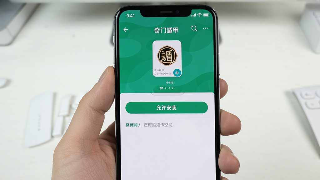 一张手机操作示意图,画面中一只手拿着手机,屏幕上显示“奇门遁甲”应用的安装界面,有“允许安装”按钮和存储空间提示,背景是简洁的桌面,风格写实,画质清晰,干净无多余元素