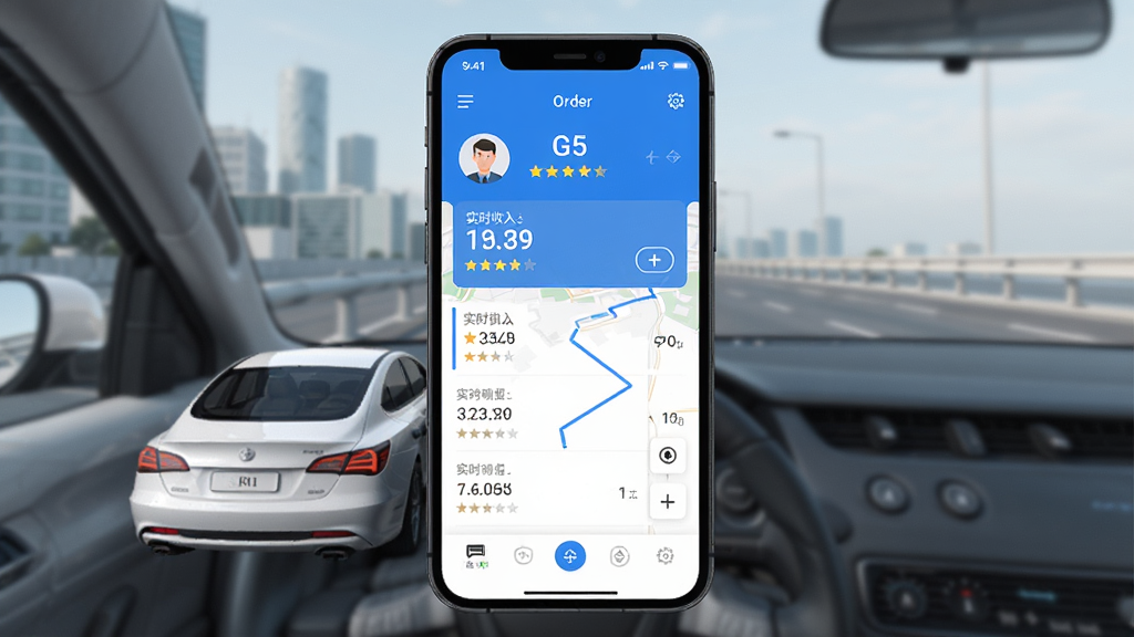 G5��˾���� �ֻ�Ӧ��������չʾ ������һ����ɫ�γ���ʻ�ڳ��е�·�� �������ֻ���Ļ����ʾ�����б��͵�ͼ�켣 �Ű�������ҷ��� ����Ǳ�ƽ���Ƽ��� ϸ�ڰ���˾��ͷ���������֡�ʵʱ�������� ���ʸ��� �ɾ� �޶���Ԫ��