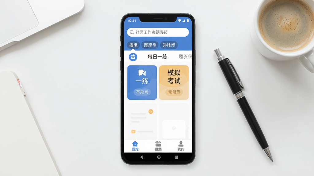 一张手机屏幕展示社区工作者题库帮App主界面的图片,画面主体是一部竖屏安卓手机,手机屏幕内显示社区工作者题库帮的首页,顶部有搜索框和题库分类标签,中间是每日一练和模拟考试入口,底部是题库、错题、我的三个选项卡,背景是干净的书桌桌面,旁边放着一支笔和一杯咖啡,风格现代简约扁平,细节清晰圆润,画质干净无多余元素,图片中文字清晰可见“社区工作者题库帮”