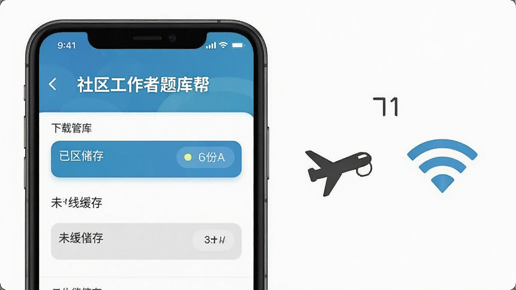 一张展示社区工作者题库帮离线缓存功能的图片,画面主体是手机屏幕,屏幕内显示题库下载管理页面,有已缓存和未缓存的状态标识,旁边有飞行模式图标和WiFi图标对比,界面简洁直观,风格扁平化,画质干净无多余元素,图片中文字包含“社区工作者题库帮”