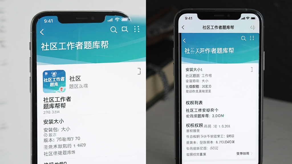 一张展示社区工作者题库帮应用信息的图片,画面主体是手机屏幕上的应用详情页,显示安装包大小、版本信息和权限列表,界面干净整洁,无广告弹窗干扰,风格简约现代,画质清晰无多余元素,图片中文字包含“社区工作者题库帮”