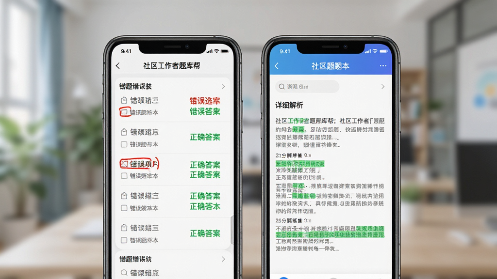 一张展示社区工作者题库帮错题本功能的图片,画面主体是手机屏幕,屏幕内显示错题列表和详细解析页面,红色标注错误选项,绿色标注正确答案,解析文字清晰排列,界面风格简洁现代,背景虚化处理,画质干净无多余元素,图片中文字包含“社区工作者题库帮”