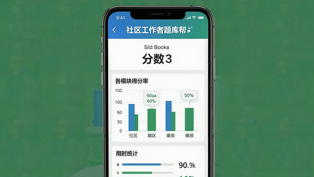 一张展示社区工作者题库帮模拟考试成绩报告的图片,画面主体是手机屏幕,屏幕内显示成绩分数、各模块得分率柱状图和用时统计,配色以蓝色和绿色为主,图表清晰直观,界面风格现代扁平,背景干净,画质清晰无多余元素,图片中文字包含“社区工作者题库帮”