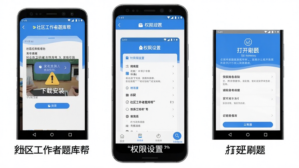 一张展示在安卓手机上安装和使用社区工作者题库帮步骤的图片,画面主体是手机屏幕,屏幕上依次排列下载安装、权限设置、打开刷题三个步骤的截图,每张截图下方有简短文字说明,风格简洁明了,配色蓝白为主,画质干净无多余元素,图片中文字包含“社区工作者题库帮”