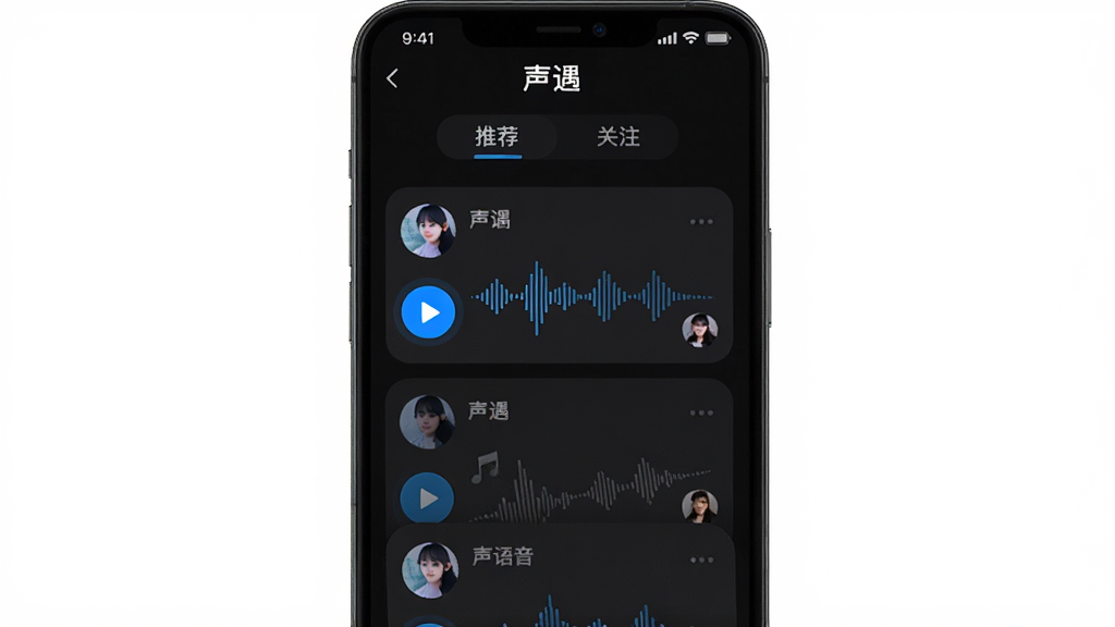 һ���ֻ���Ļ���棬��ʾ��������App�Ķ�̬�㳡ҳ�棬ҳ�����м���������̬��Ƭ��ÿ����Ƭ����һ�����Ű�ť����������ͼ���û�ͷ��ҳ�涥���С��Ƽ����͡���ע��������ǩ��������Ƽ���ִ�������ɫģʽΪ������׺������ɫ�Ĳ��Ű�ť�����ʸɾ����޶���Ԫ��