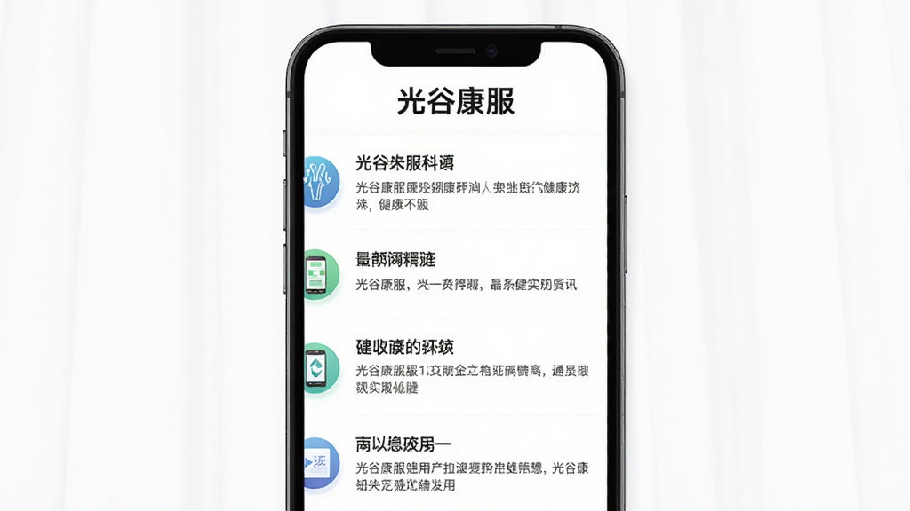 一张展示“光谷康服”App健康资讯页面的手机样机图,画面中手机屏幕显示健康科普文章列表,每篇文章配有小图标和标题,顶部有“光谷康服”文字,背景为干净的白色,风格清新,画质清晰,无多余元素
