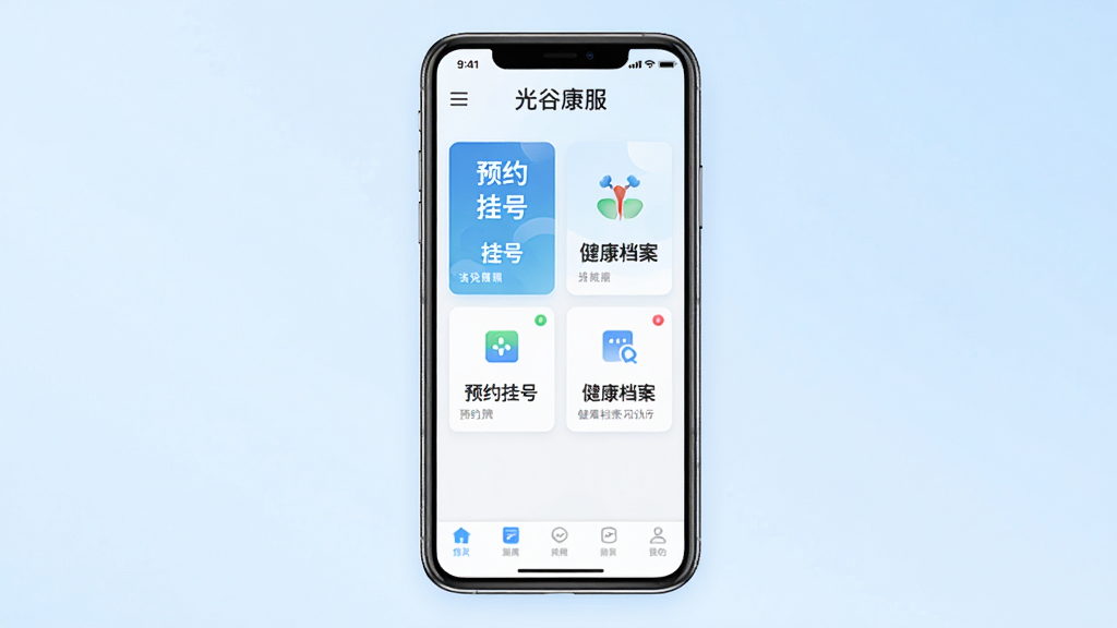 一张展示“光谷康服”App主界面的手机样机图,画面中央是手机屏幕,屏幕内显示健康服务首页,顶部有“光谷康服”文字标识,中间是预约挂号和健康档案功能卡片,底部是导航栏,背景是干净的浅蓝色渐变,风格现代简约,画质清晰干净,无多余元素