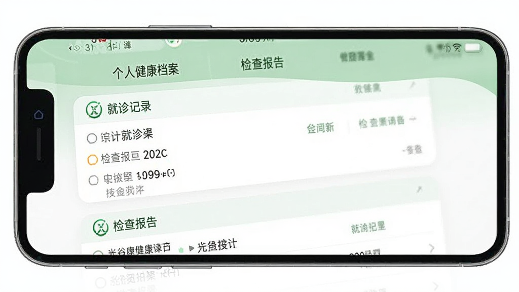 一张“光谷康服”App健康档案页面的手机截图样机,画面中手机屏幕显示个人健康档案列表,包含就诊记录和检查报告条目,界面以白色和浅绿色为主,布局清晰,风格简洁,画质干净,无多余元素
