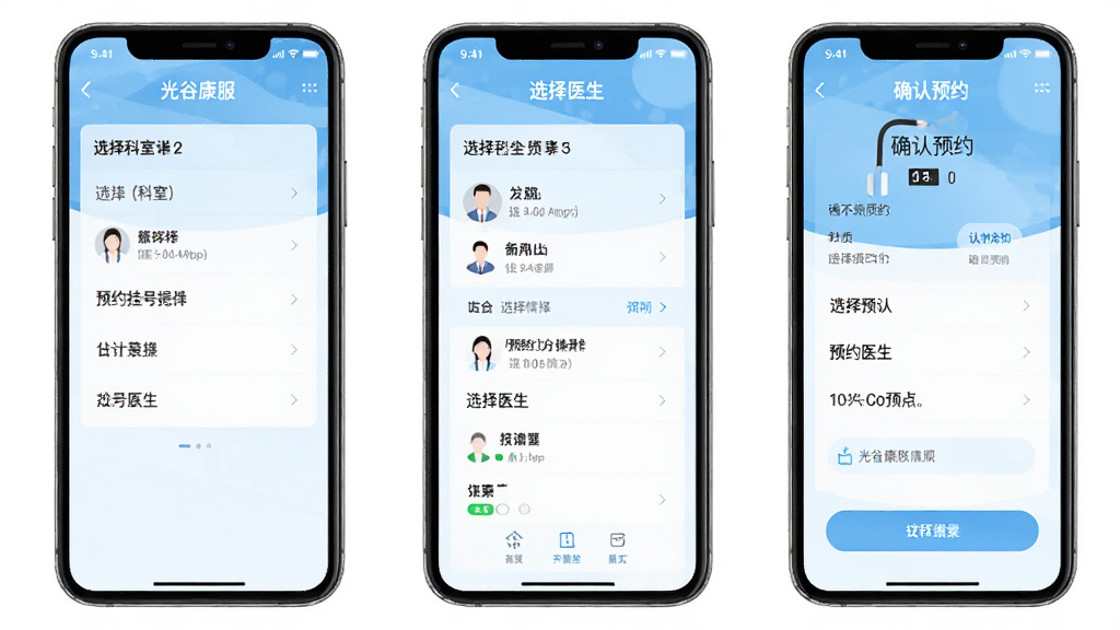 一张展示“光谷康服”App预约挂号操作步骤的示意图,画面分为三个手机屏幕并排展示,从左到右依次是选择科室、选择医生、确认预约,界面风格统一为浅蓝色调,布局清晰,画质干净,无多余元素