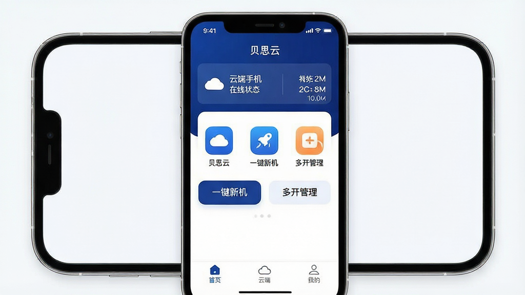 一张展示贝思云APP核心界面的手机样机图,画面中央是贝思云APP的主页,标题写着“贝思云”,界面以深蓝色和白色为主色调,顶部显示云端手机在线状态和网络延迟数据,中间排列着多个应用图标和“一键新机”“多开管理”按钮,底部有“首页”“云端”“我的”三个导航标签,整体布局清晰现代,风格简洁科技感,细节圆润,画质干净无多余元素