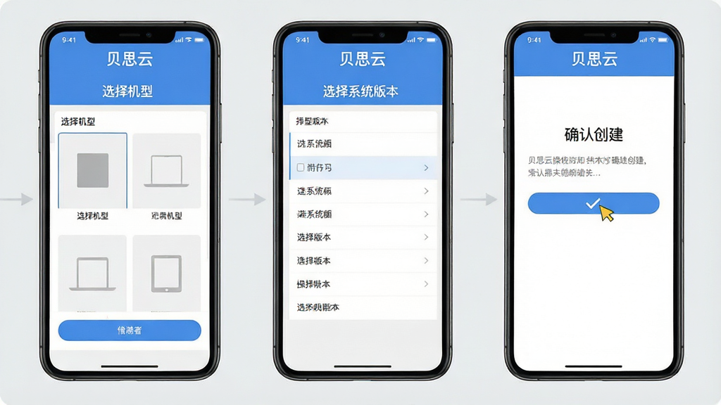 一张展示贝思云操作流程的步骤图,画面分为三个并排的手机屏幕,从左到右分别是“选择机型”界面、“选择系统版本”界面、“确认创建”界面,每个屏幕顶部都有“贝思云”标识,背景为浅灰色,整体风格扁平化,布局整齐,画质干净无多余元素