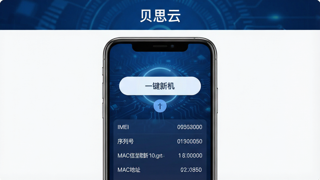 一张展示贝思云一键新机功能的界面图,画面中央是一个手机屏幕,屏幕上显示“一键新机”按钮被点击后的状态,下方列出IMEI、序列号、MAC地址等设备信息已刷新为全新数值,背景是深蓝色科技感纹理,画面顶部有“贝思云”文字标识,整体风格简洁专业,布局清晰,画质干净无多余元素