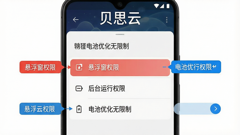 一张展示贝思云新手设置步骤的示意图,画面中央是一部安卓手机,屏幕上显示贝思云的权限设置页面,高亮标注了“悬浮窗权限”“后台运行权限”“电池优化无限制”三个选项,每个选项旁边有红色或蓝色的提示标签,画面顶部有“贝思云”文字,整体风格清晰直观,布局整洁,画质干净无多余元素