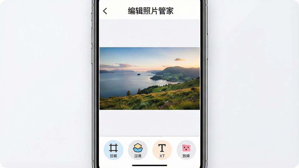 һ��չʾ�༭��Ƭ�ܼ�App���Ľ����ͼƬ���������ֻ���Ļ�д򿪵���Ƭ�༭���棬����������������ʾ���༭��Ƭ�ܼҡ��������ƣ��м������ڱ༭�ķ羰��Ƭ���ײ�һ����ͼ�����������ü����˾������֡���ֽ��ͼ�꣬�Ű����࣬����ִ���Լ��ϸ���Ͻ��水ťԲ��ɫ����ͣ����ʸ��壬�ɾ��޶���Ԫ��