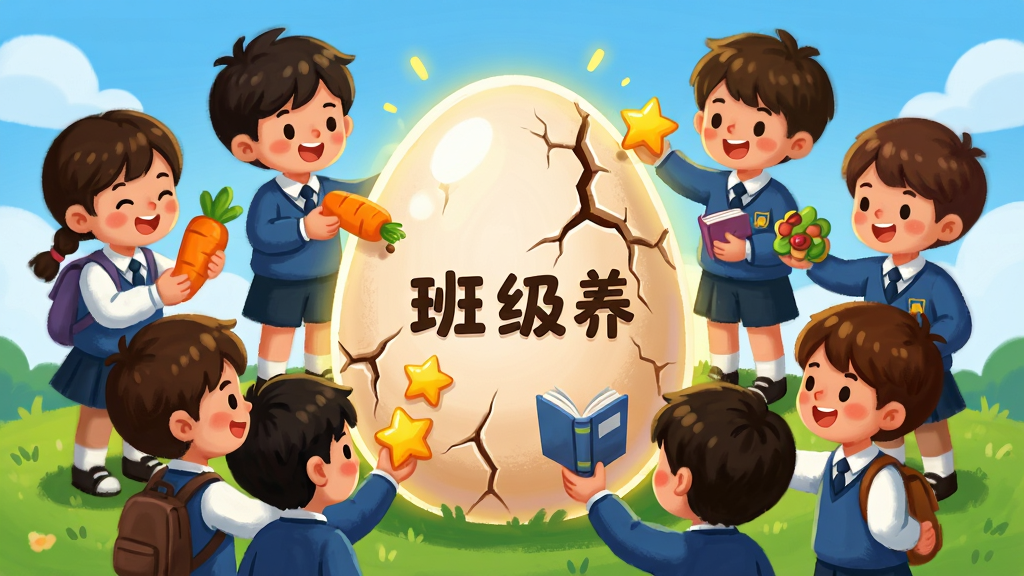 һ��չʾ�༶������԰�С��༶���������ܵ�AI��ͼ������������һȺ����У����С��Χ��һ���޴�Ŀ�ͨ���ﵰ��ÿ�����������Ų�ͬ�����ϣ����ܲ������ǡ��鱾�������Ϸš������ǻ���Χ�Ƴ��ﵰ���Ű��������á������ɫ�����޵Ŀ�ͨ�廭�磬ϸ���ϳ��ﵰ�����ƺͷ�����Ч��������鿪�ġ����ʸɾ������������Ǽ򵥵�����ݵأ��޶���Ԫ�ء�
