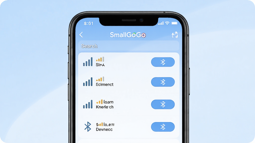 SmallGoGo�������ӽ��棬��������Ϊ�ֻ���Ļ��ʾ�������������豸�б���ÿ���豸�Ա����ź�ǿ�ȱ�ʶ�����Ӱ�ť������Ϊ����ɫ���䣬����Լ��ˬ��ϸ�����������ʸɾ��޶���Ԫ��