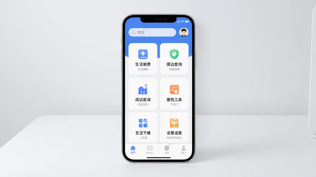 ��С��App������ȫòչʾ������һ��Բ�Ǿ����ֻ���Ļ����Ļ����ʾ������ɫ��Ӧ����ҳ�����������������û�ͷ���в��ǹ��ܿ�Ƭ�������У���������ɷѡ��ܱ߲�ѯ�����񹤾ߵ�ͼ�꣬�ײ�����������������Ϊǳ��ɫ����ĸɾ����滷��������ִ���ƽ����ϸ��Բ�󣬻����������޶���Ԫ��