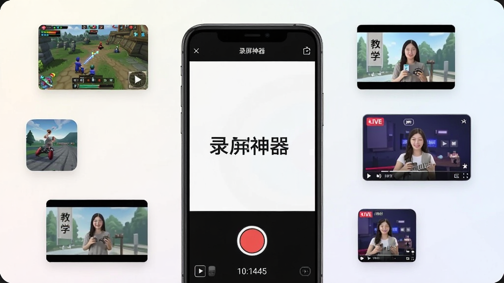 一张展示手机录屏场景的图片,画面中央是一部智能手机,手机屏幕上显示着录屏神器的录制界面,有红色的录制按钮和计时器,手机周围环绕着游戏画面、教学视频、直播界面等小图标,背景是简洁的浅色渐变,风格现代扁平化,细节清晰,画质干净,无多余元素,图片中文字标注“录屏神器”